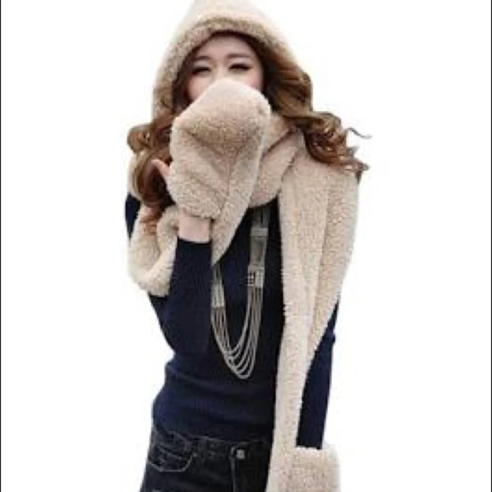 Luxury Hat Scarf Gloves in 1 Set Burgundy Winter White Beige Ivory Womens